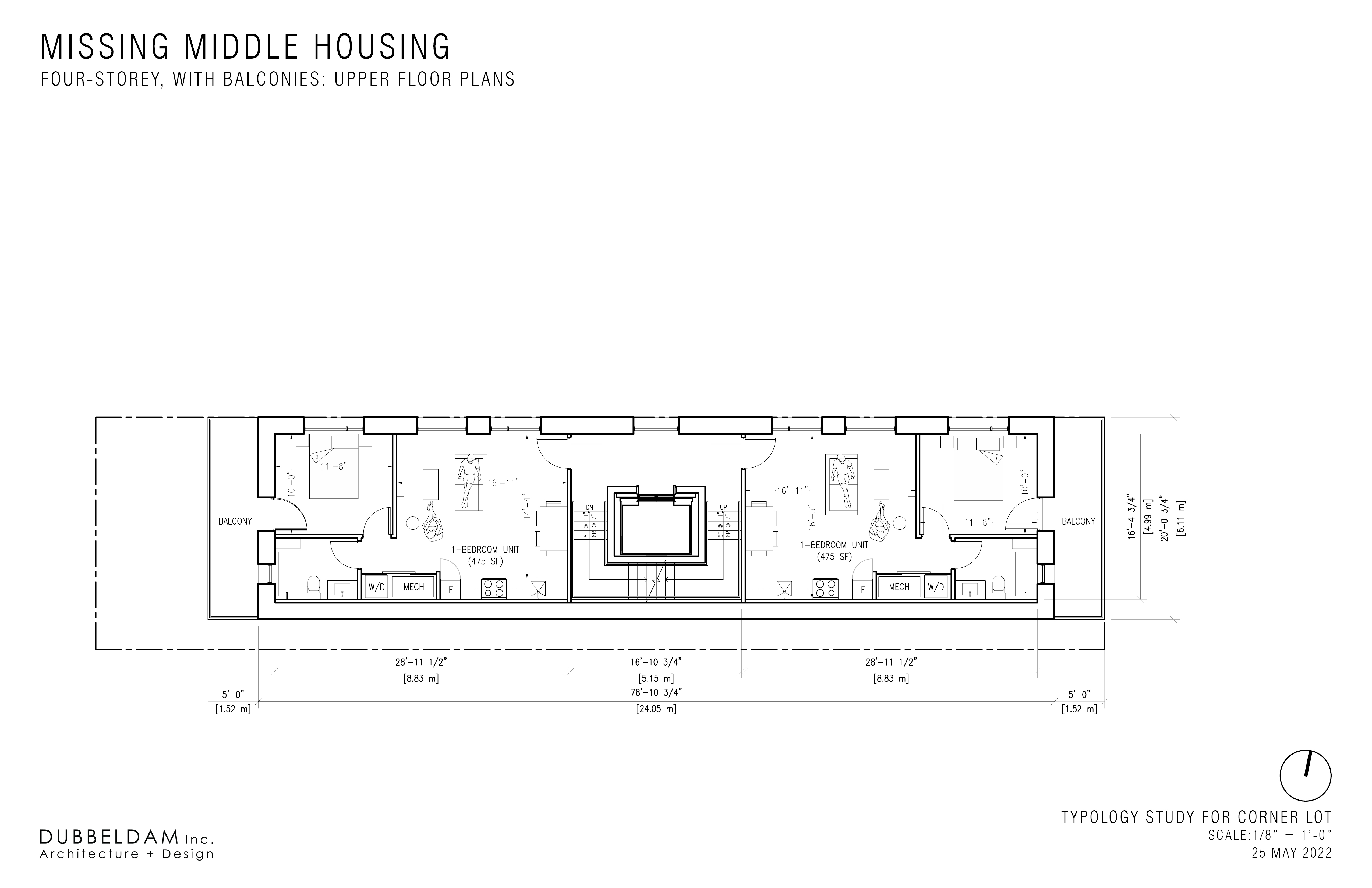 Upper storey floor plan of a 4-storey missing middle development with a single stair and balconies. Layout allows for living and dining space with a single bedroom and bathroom and laundry access within each unit