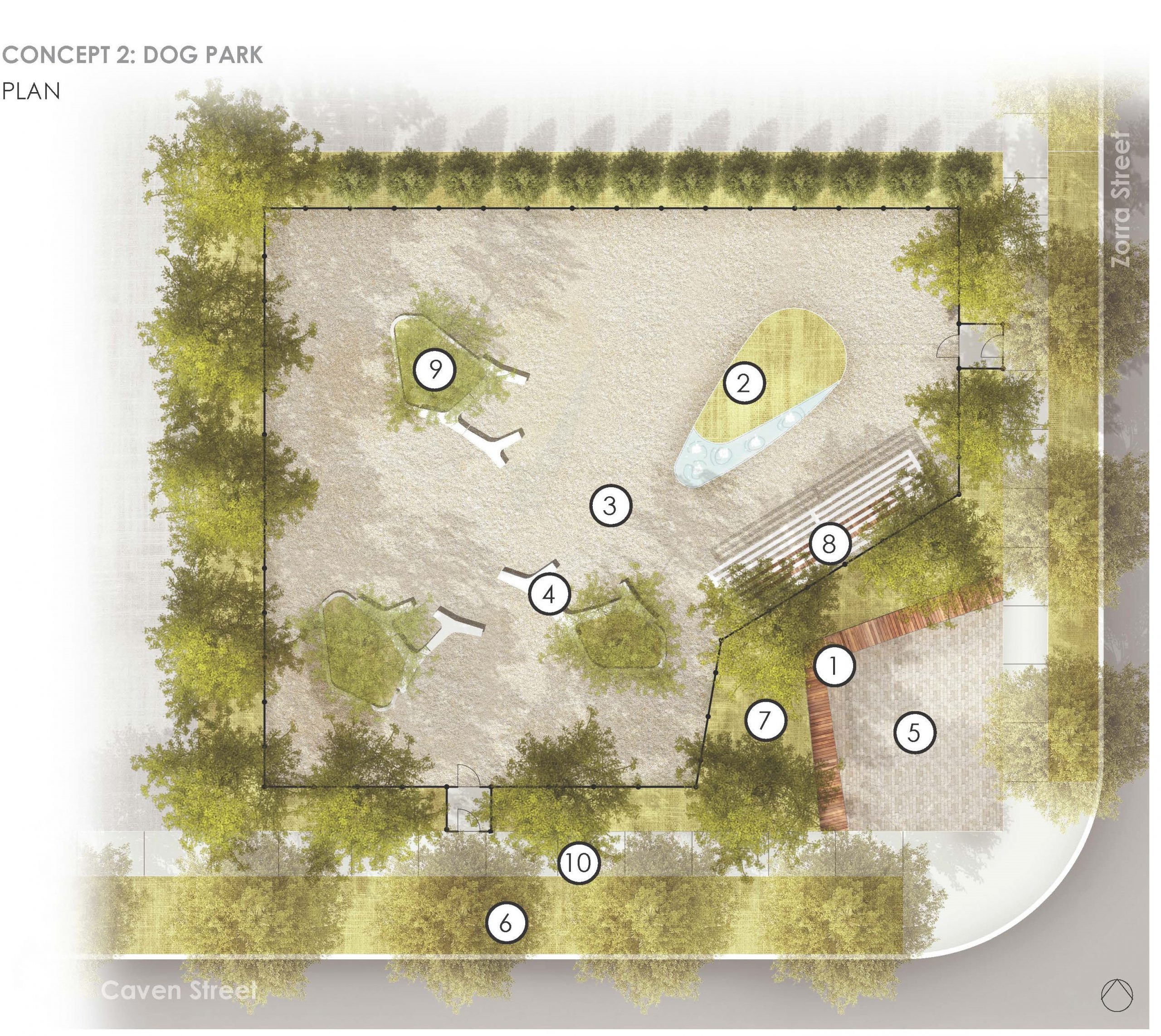 Plan image of Concept 2: Dog Park at the intersection of Caven Street and Zorra Street. Locations of individual park features are numerically keyed to the plan.
