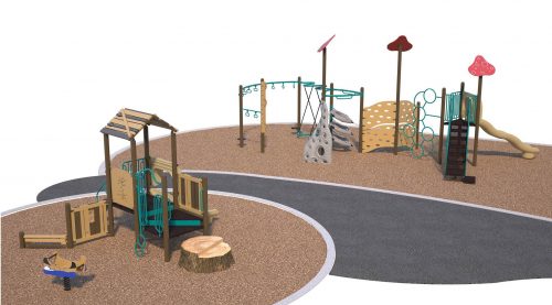 A rendering of a bird's eye view looking north-east of playground Design C for the Elkhorn Parkette Playground improvements, showing all play features except for the swings.