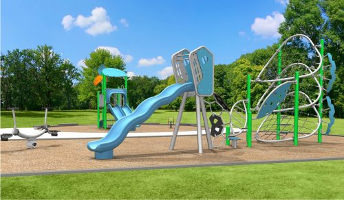 A rendering of playground Design A for the Elkhorn Parkette Playground improvements, looking to the west from the east, showing in the foreground a teeter totter, a senior slide with climbing structure, and in the background a separate junior structure.