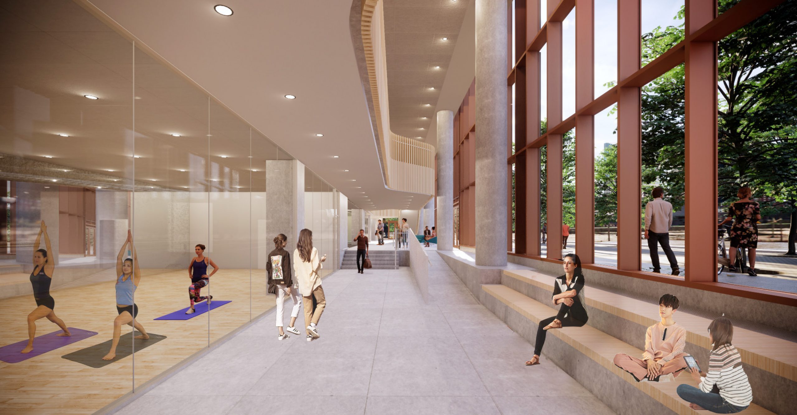 An illustration of the community recreation centre studio space, which shows people doing yoga in a room with a glass wall, which can be seen from the building hallway.