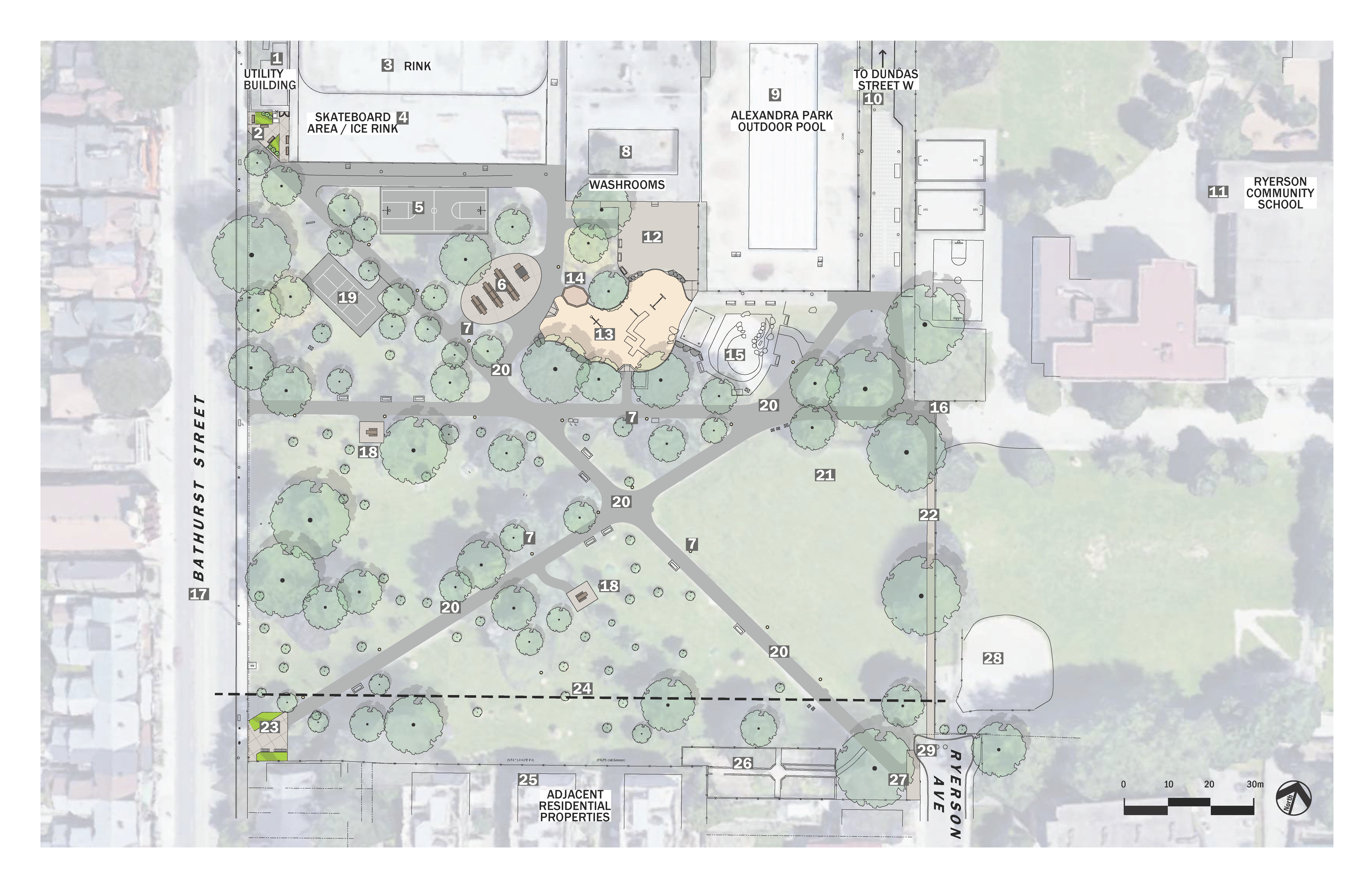 Aerial design plan for the Alexandra Park improvements, with 29 numbered labels indicating the location of each feature within and immediately surrounding the park.