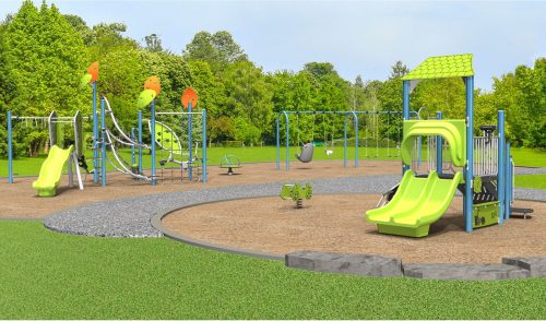 A rendering of playground Design B for the Elkhorn Parkette Playground improvements, looking to the southeast from the northwest, showing in the foreground a junior play structure and stand-alone spring toy, in the background a senior structure with small slide, a spinner toy, and the swingset. 
