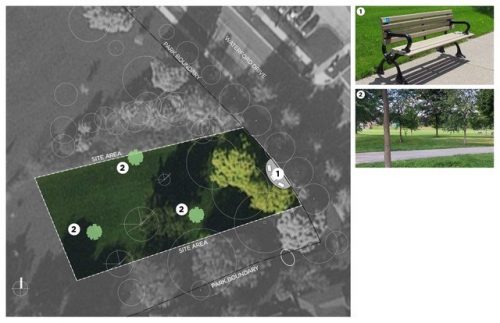 An aerial site plan on of the site 2 improvements on the left, with the feature additions shown on the right. New featured include (2) trees will be added in the greenspace area and (1) a new seating area with three benches will be included off of Waterford Drive.