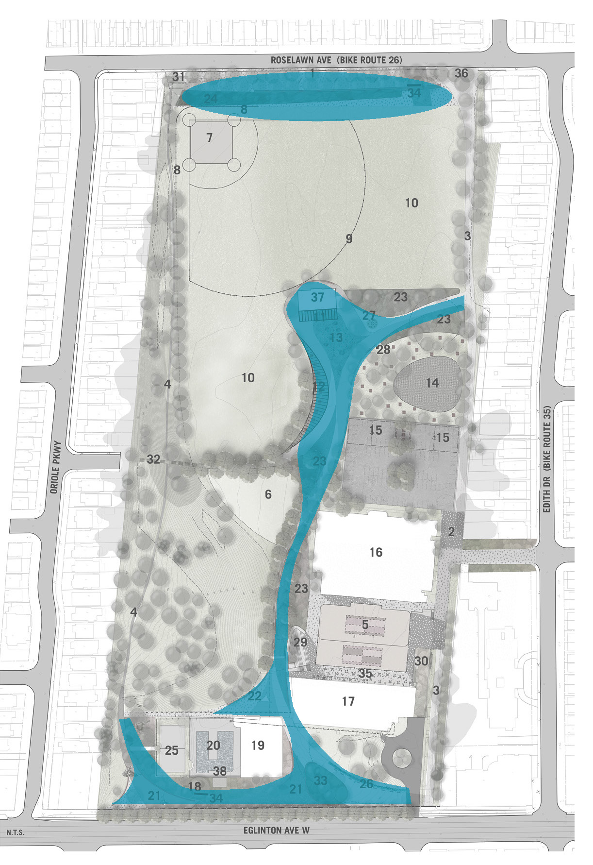 An aerial map of Eglinton Park showing the unprogrammed gathering area identified in the Master Plan in blue. Gathering areas are shown on the north side of the park, along Roselawn Avenue, and the north side of the park along Eglinton Avenue West. A gathering area is also shown in the centre of the park along the main pathway.
