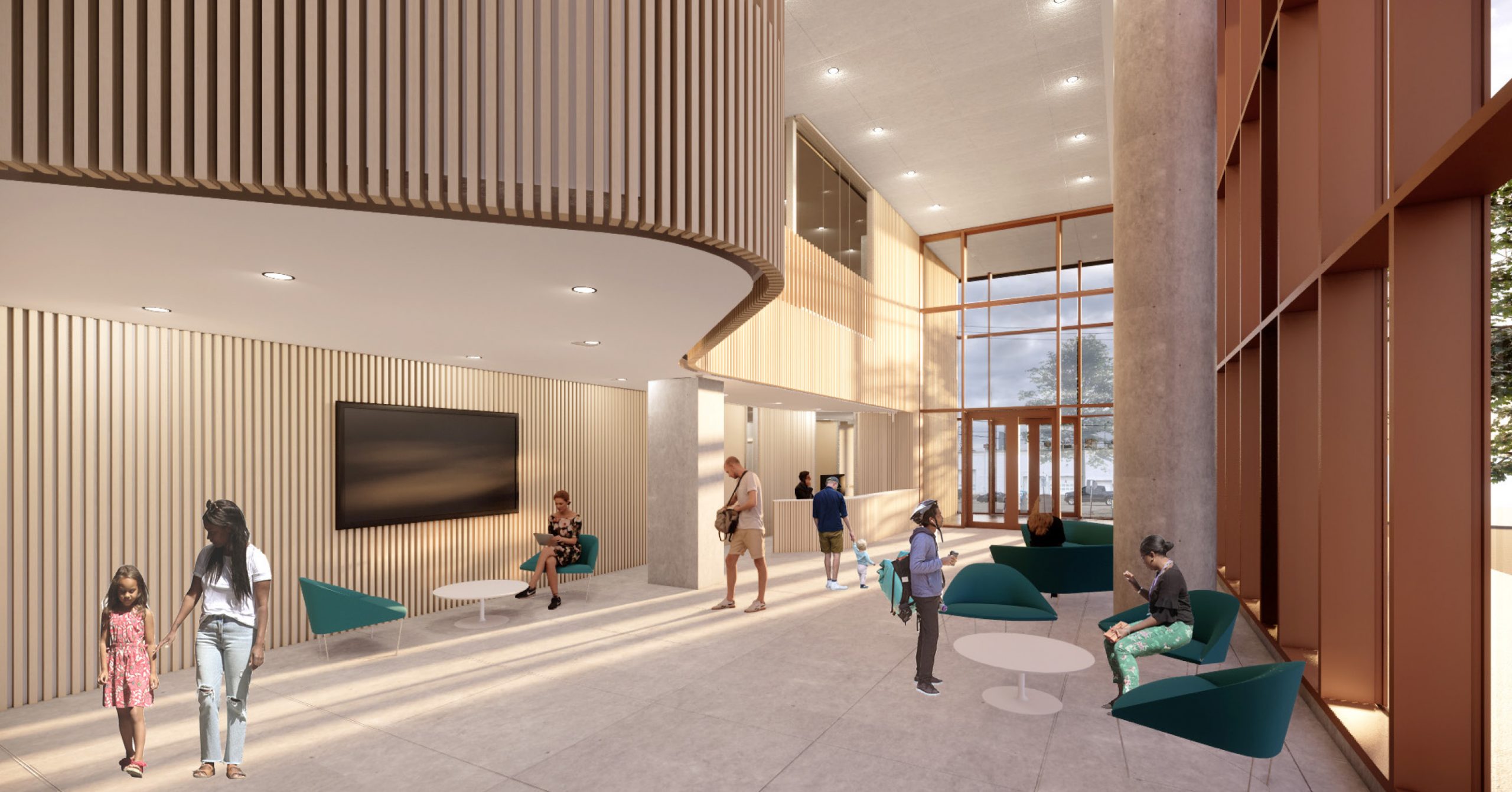 An illustration of the community recreation centre lobby, which shows an open space with seating areas and tables and the reception area and entrance in the distance. The space has large wood panel architectural design features along the inner building walls.