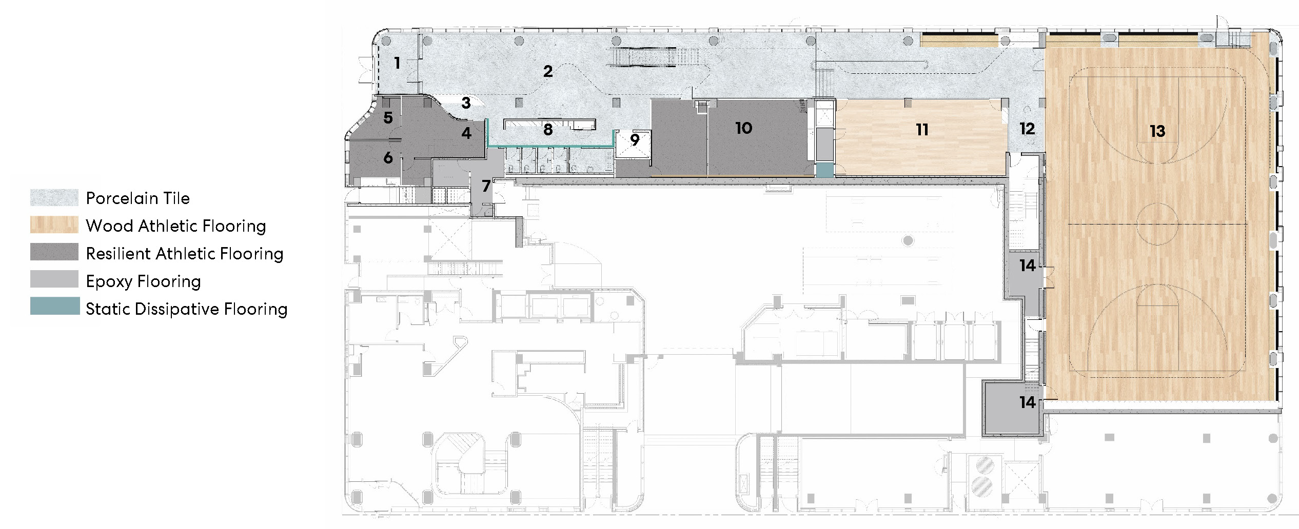 A floor plan of the first floor of the new East Bayfront Community Recreation Centre with numbered labels showing the location of various features and rooms. From left to right, the facility entrance, meeting room, staff room, reception, admin work area, service area, lobby, locker/washroom area, elevator, activity rooms 1 and 2, studio, gymnasium viewing area, gymnasium and storage. 