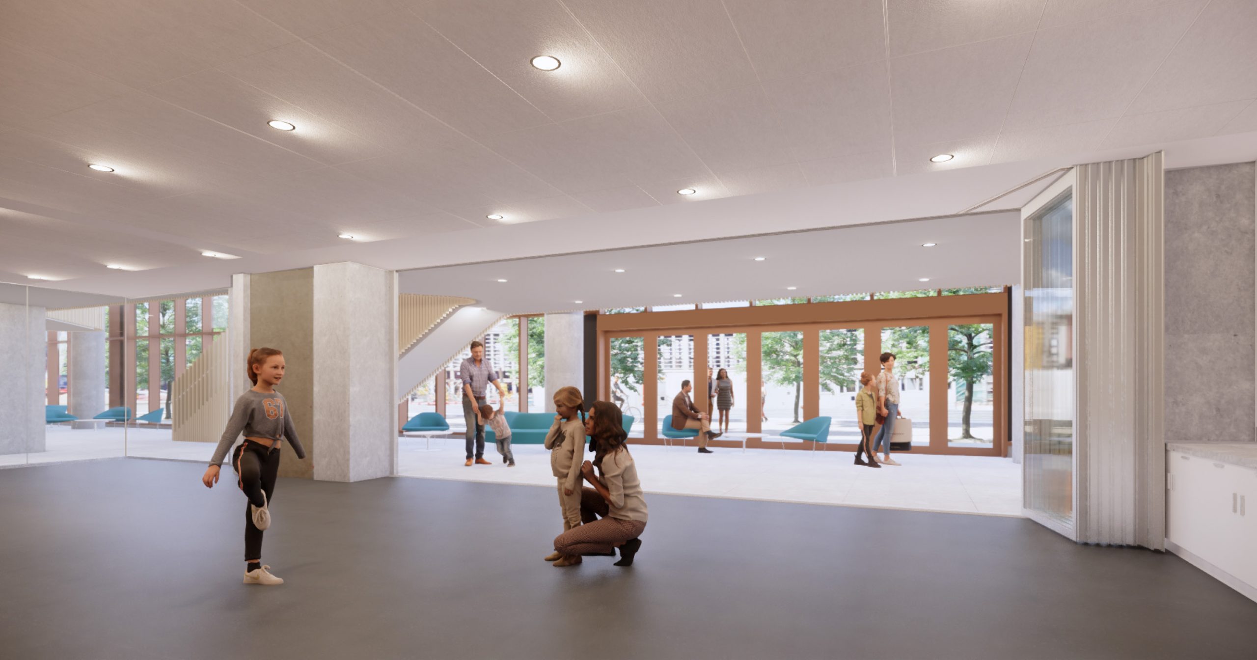 An illustration of the community recreation centre activity room, which shows a large open space with glass wall panels that open and close.