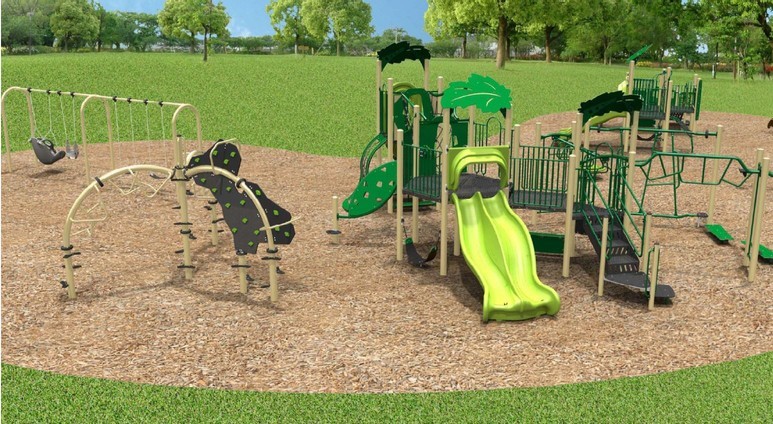 Playground Design A for the L'Amoreaux Sports Complex South Playground improvements, looking to the north west to the south east. From the left to the right it includes swingset with accessible swing, one toddler swing, and two belt swings, large standalone climbing structure, large senior play structure, and a large junior play structure.