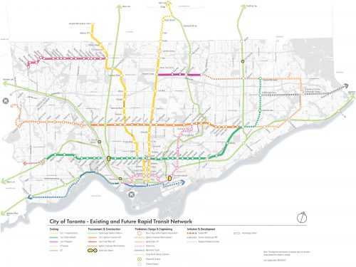 A detailed map of the City of Toronto and neighbouring towns and cities depicting existing and future rapid transit network plans including subways, light rail, bus rapid and heavy rail transit lines. The map displays lines and stations, as well as transit hubs, that are existing, under procurement and construction, preliminary design and in development as of September 2022.