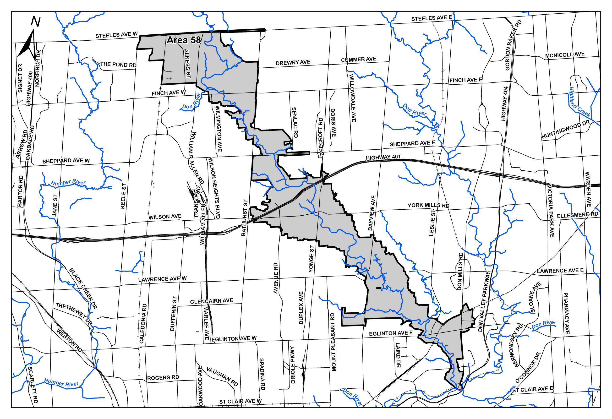 Map of Basement Flooding Study Area 58 Don River from Steeles Avenue West to the north to Overlea Boulevard to the south. Please contact Mae Lee at mae.lee@toronto.ca or 416-392-8210 for more information.