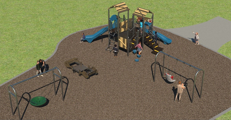 A rendering of playground Design B for the Primula Park Playground improvements, it includes a swing set, one combined senior/junior play structure for ages 2 to 12, one group disc swing for ages 5 to 12, One individual sit-down spinner toy, one accessible group spring see-saw, and one free-standing play panel set for sensory play