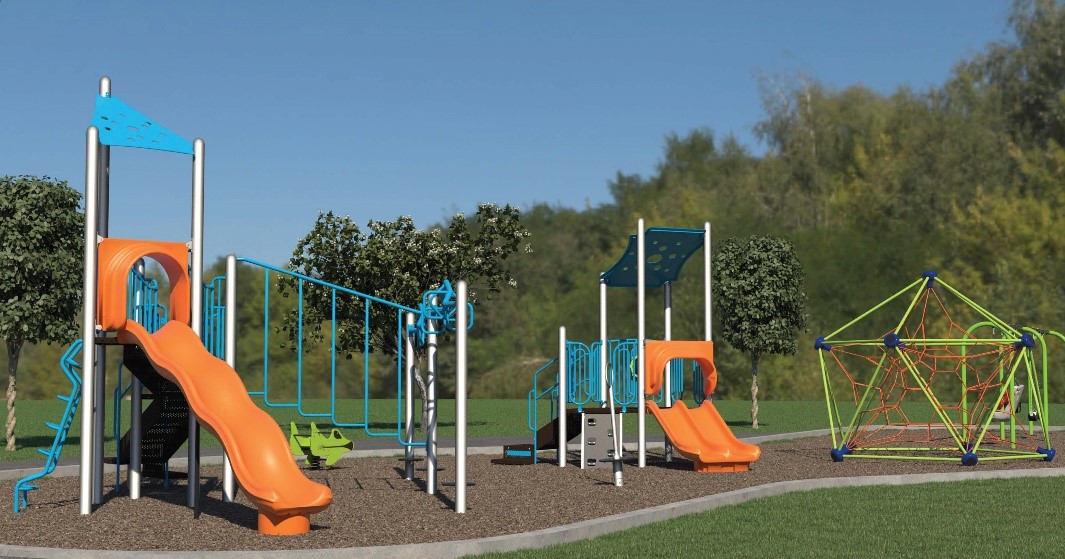 A rendering of playground Design 3 for the Bluehaven Park Playground improvements, , it includes a swing set, one junior play structure for ages 2 to 5, one senior play structure for ages 5 to 12, one jet spring toy, One stand-up spinner toy and One large rope climbing structure