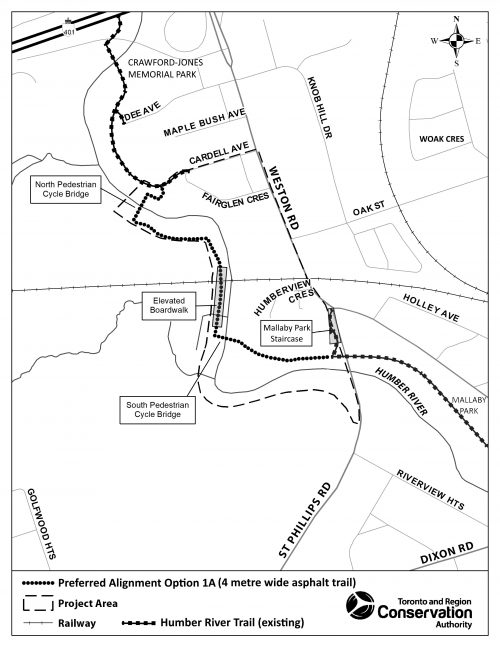 Mid Humber Gap preferred trail alignment map showing in-valley route near near Weston Road and Lawrence Avenue West.