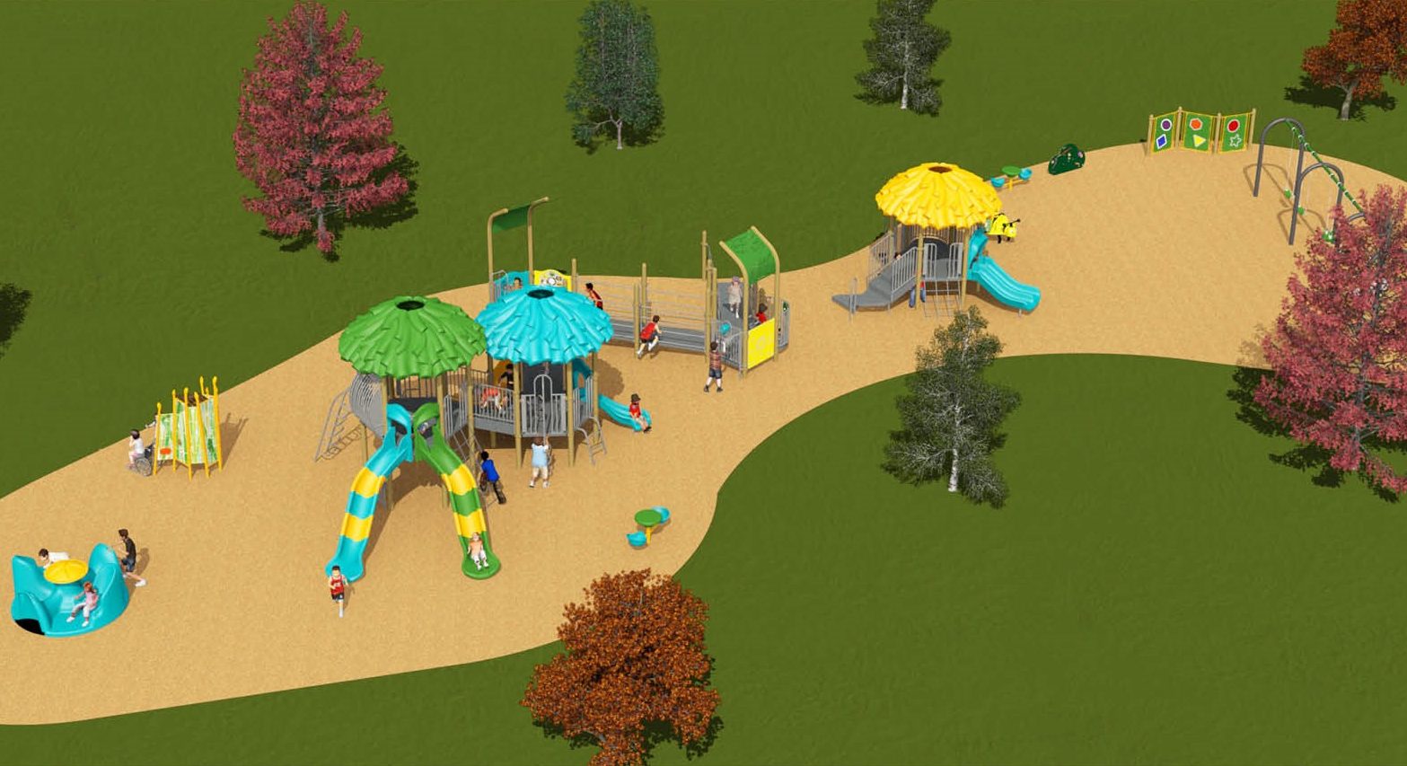 A rendering of playground Design B for Leslie Park Playground improvements, aerial view looking to the southwest from the northeast. From left to the right, it includes an inclusive group spinner, senior play structure accessible by ramp, junior play structure, play panels and swingset. 