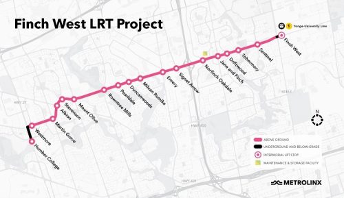 Map of the 18 stops of light rail transit along Finch Avenue West between the new Finch West Subway Station on the Toronto-York Spadina Subway Extension at Keele Street and Humber College in Toronto’s northwest corner