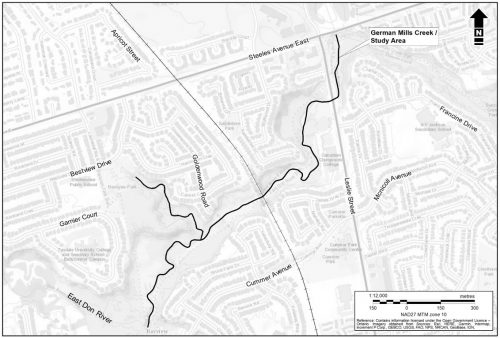 Map of study area along German Mills Creek from Steeles Avenue East and Leslie Street.