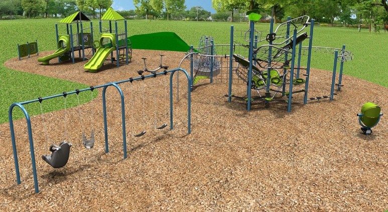 Playground Design B for the L'Amoreaux Sports Complex South Playground improvements, looking to the north west to the south east. From the left to the right it includes a double play panel, large junior climbing structure, double teeter totter, swingset with accessible swing, one toddler swing, and two belt swings, large standalone spinning climber, a large senior net play structure, and a standalone spinner.