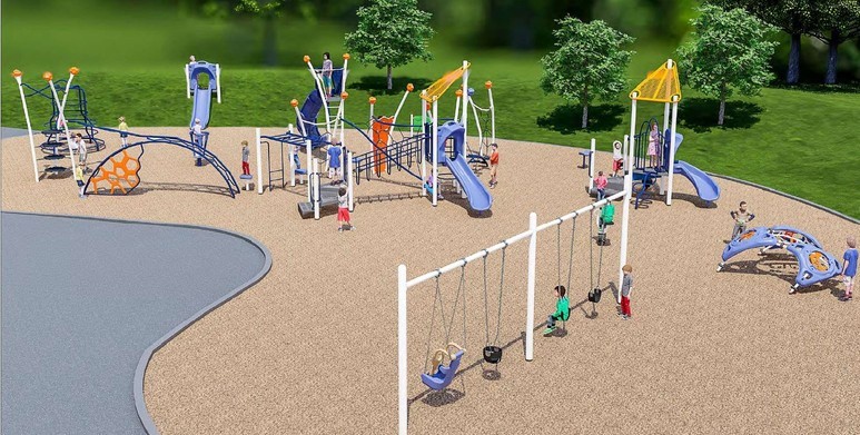 Playground Design C for the L'Amoreaux Sports Complex South Playground improvements, looking to the north west to the south east. From the left to the right it includes a standalone climbing structure with monkey bars, standalone spinner, large senior play structure, junior play structure, small standalone climbing structure, swingset with one accessible swing, one toddler swing, and two belt swings.
