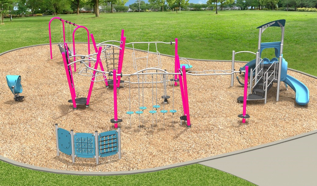 A rendering of playground Design C for the Primula Park Playground improvements, it includes a swing set, one junior play structure for ages 2 to 5, one senior play circuit for ages 5 to 12, One spinner toy with 4-child capacity, one sit down spinner toy and One free-standing play panel set