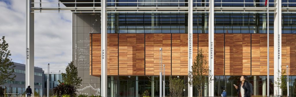 An extensive Indigenous engagement process shaped the design; 13 columns are inscribed with the Ojibwe names for the lunar cycles, and projecting bays evoke birch bark memory chests to create a unique expression on Finch Avenue.