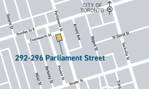 A map showing the location of 292-296 Parliament St. It’s located at Coatsworth St. and Parliament St.