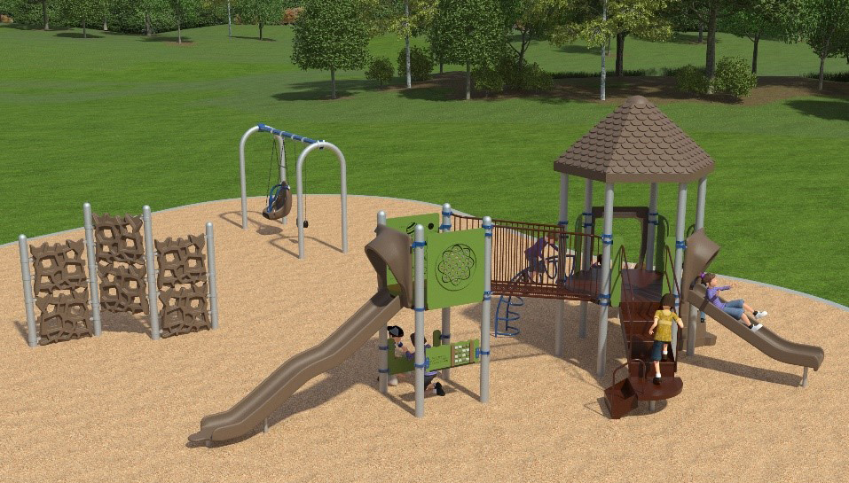A rendering of playground Design A for the Primula Park Playground improvements, , it includes a swing set, One combined junior/senior play structure for ages 2 to 12, One senior climbing structure for ages 5 to 12, and One double spring toy with space for 2 children, with features as described below.
