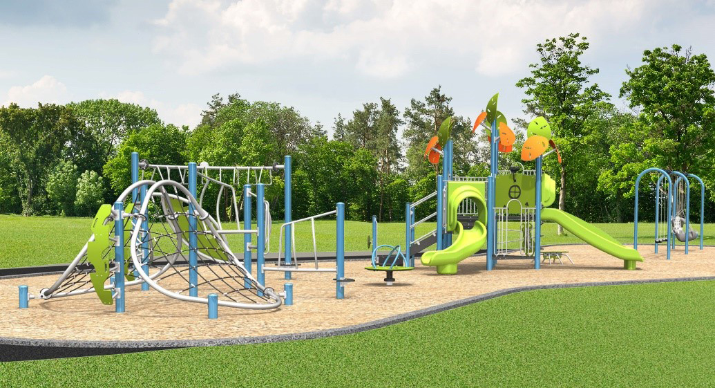 A rendering of playground Design 1 for the Bluehaven Park Playground improvements, it includes a swing set, One junior play structure for ages 2 to 5, One senior play structure for ages 5 to 12 and One spinner toy with space for 4 children