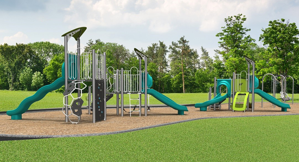 A rendering of playground Design 2 for the Bluehaven Park Playground improvements, it includes a swing set, One junior play structure for ages 2 to 5, One senior play structure for ages 5 to 12 , and One stand-up spinner toy with room for 3 children