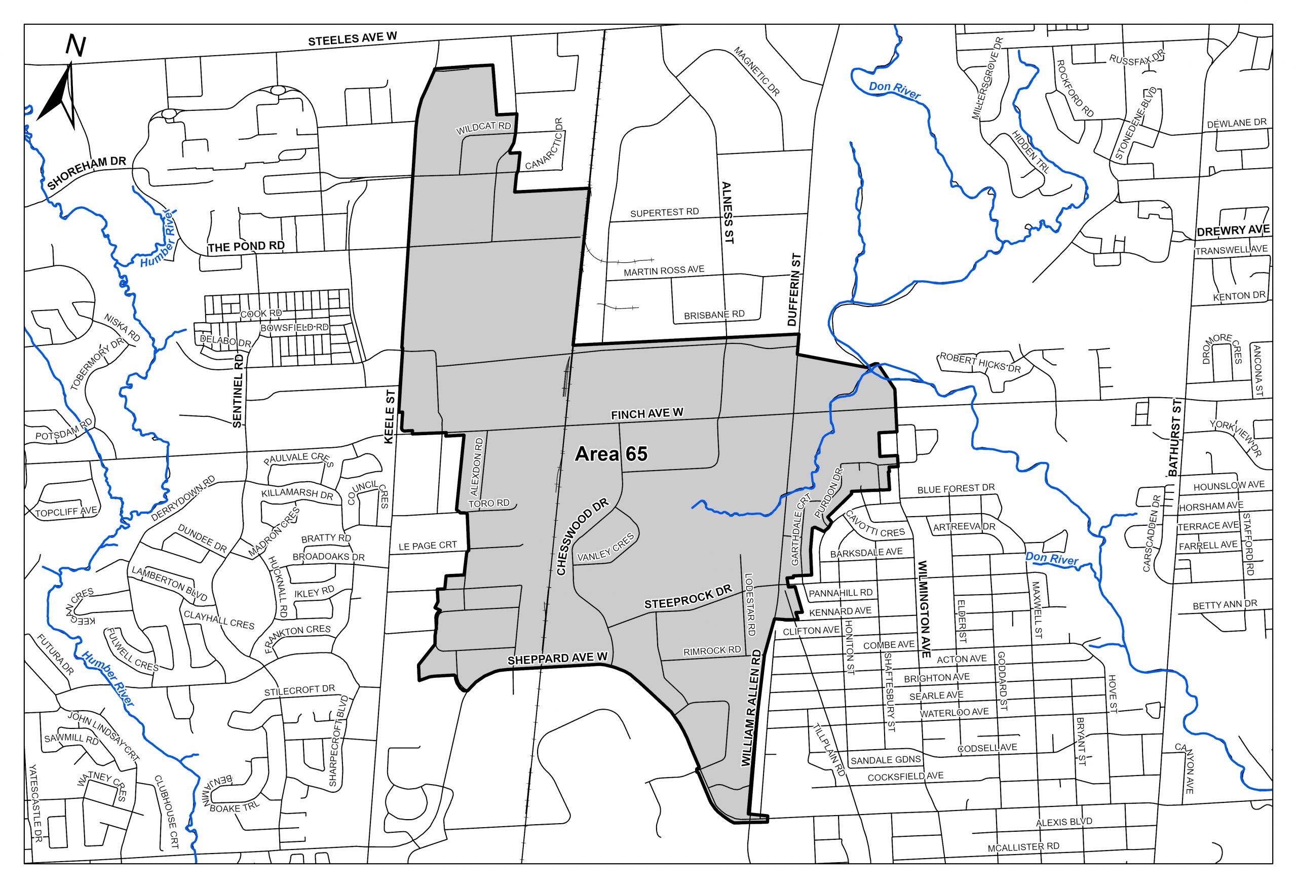Map of Basement Flooding Study Area 65 from Finch Avenue to Dufferin Avenue to Keele Street. Please contact Mae Lee at mae.lee@toronto.ca or 416-392-8210 for more information.