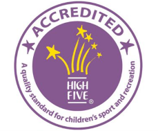The round, purple, white and yellow logo for HIgh Five Accredited, a quality standard for children's sport and recreation. 