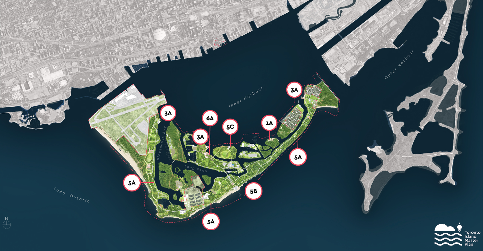 Illustrative map of Toronto Island Park showing potential locations for the Supporting Actions as described as in the preceding list. 