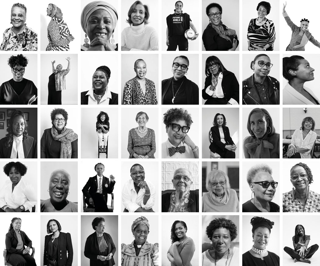Grid of 40 black and white portraits of women.