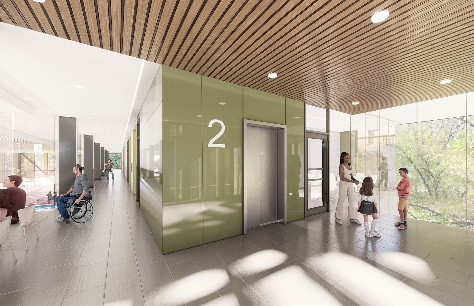 A rendering of the second floor lobby. On the right, people wait for the elevator. To the right of the elevator is the entrance to a meeting room. Furthest right are floor to ceiling, east-facing windows. On the left side of the image is a glass wall that provides view into the pool space. The hallway between the glass viewing space and the elevator leads to the rest of the second floor.