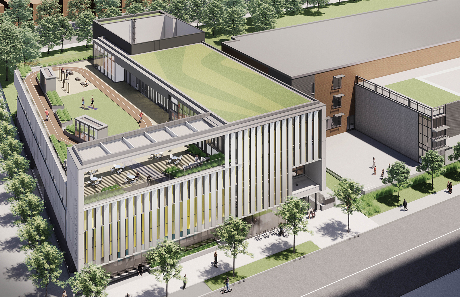 An aerial rendering of the new Centre, view facing northeast, from on top of Davisville Avenue. The third floor rooftop space is pictured here, with pergola and seating area on the south side. In the central and north rooftop space is a walking track surrounding a grassy area and fitness station. Several clerestories provide natural light for the floors below. The west side of the rooftop includes a green roof and mechanical/service space (not publically accessible).