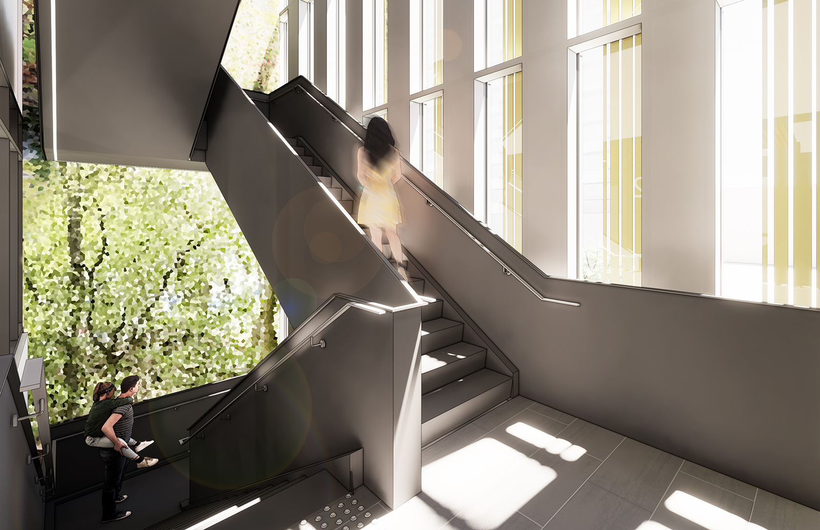 A rendering of the main staircase, located on the south end of the building. Windows surround the staircase facing south onto Davisville Ave and into the lobby spaces of the new Centre. Three people are using the staircase in this image.