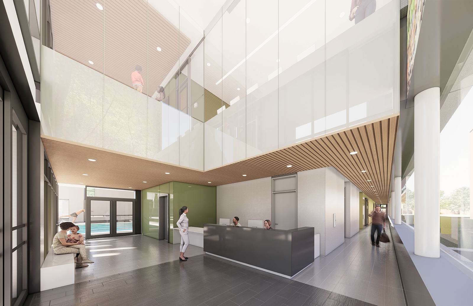 A rendering of the main floor lobby, located at the south end of the building, at the main entrance. On the left of the image there is bench seating and a view and entrance to the pool deck. The green wall near the centre of the image is the main floor elevator entrance. To the right of the elevator is the staffed front desk. To the left of the front desk is the main floor hallway and a glass wall looking east. Ceilings are wood slats. The frosted-glass second floor lobby is viewable from the main floor lobby. People are seated behind the front desk, and on the left side seating area. There is a person standing in the lobby and the hallway.