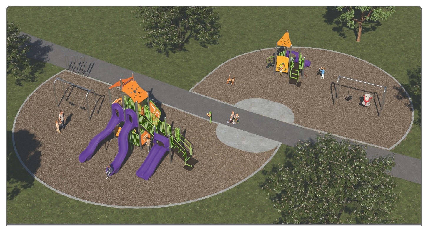 Playground Design C for the Benner Park Playground improvements, looking to the north-west to the south east. From the left to the right it includes a swing set with two belts swings, tubular sound tubes, one large senior play structure and one talk tube set, jet spring rider, one junior play structure and one swing set with one accessible swing and one toddler swing.