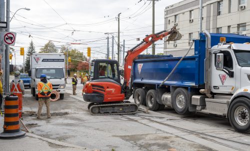 Images of construction at 416-392-0472 or kqqr@toronto.ca the King Queen Queensway Roncesvalles intersection. For more information please contact Michael Vieira at 416 392 0472 or kqqr@toronto.ca