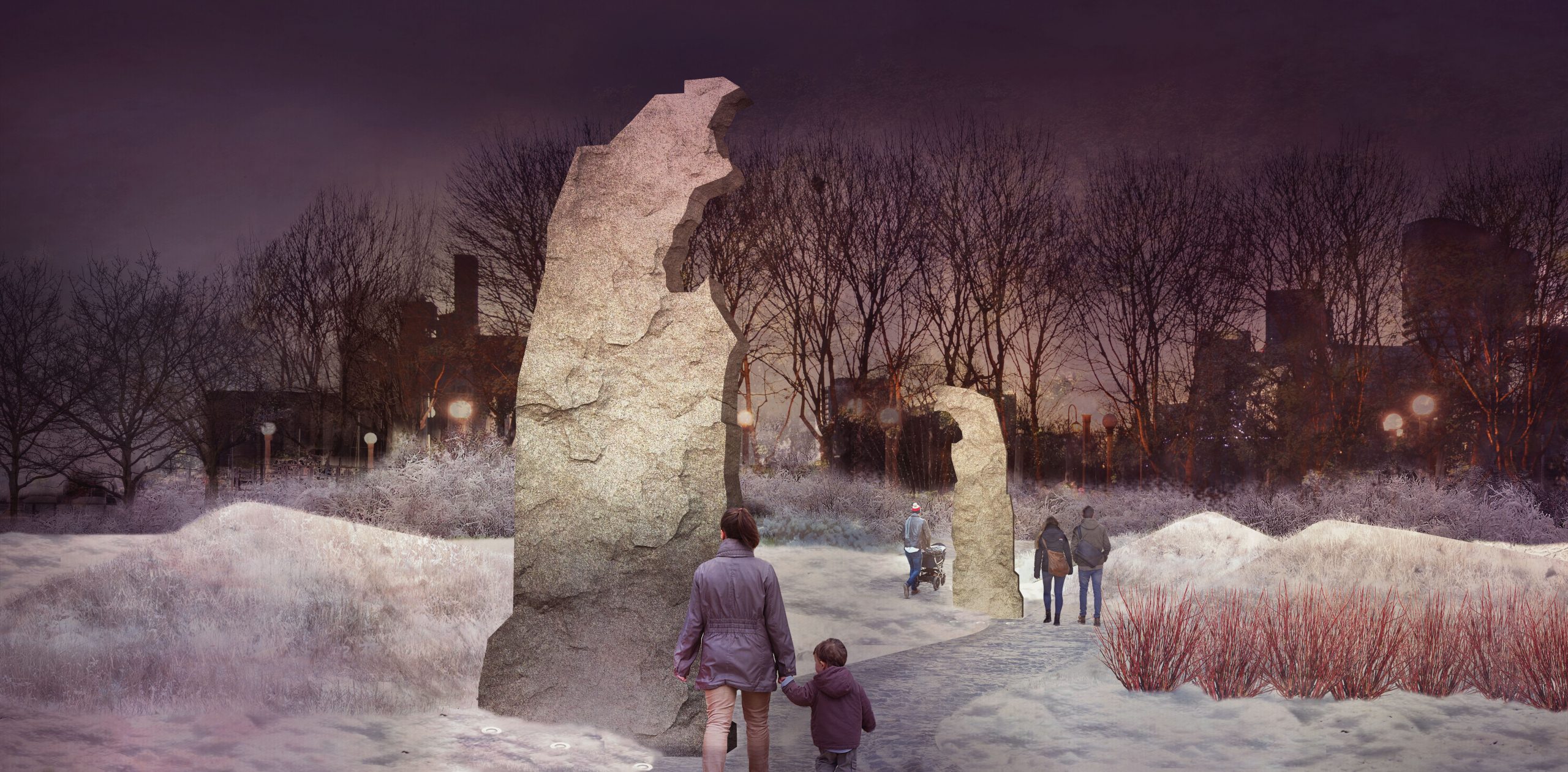 An artist rendering of the Terry Fox legacy art installation proposed for Toronto Music Garden which shows the park at night and focuses on the large sculpted granite stone slabs in irregular shapes which form an outline of Terry Fox when viewed from a certain angle in the park.