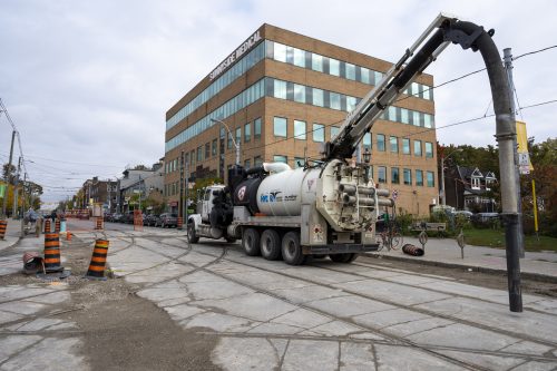 Images of construction at 416-392-0472 or kqqr@toronto.ca the King Queen Queensway Roncesvalles intersection. For more information please contact Michael Vieira at 416 392 0472 or kqqr@toronto.ca