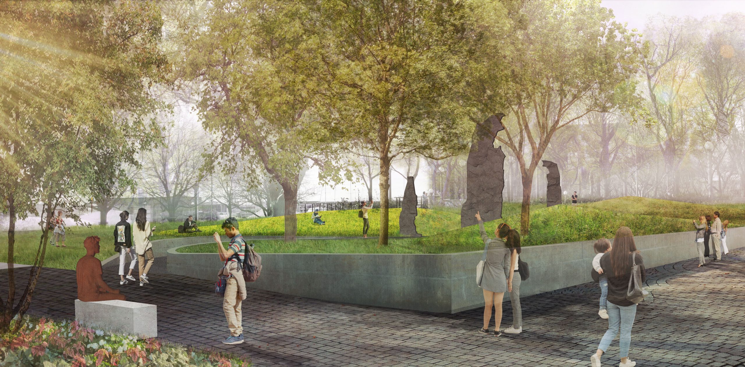 An artist rendering of the Terry Fox legacy art installation proposed for Toronto Music Garden which shows pathways, trees and landscaping with large sculpted granite stone slabs in irregular shapes which form an outline of Terry Fox when viewed from a certain angle in the park.