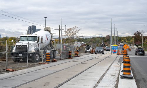 Images of construction at 416-392-0472 or kqqr@toronto.ca the King Queen Queensway Roncesvalles intersection. For more information please contact Michael Vieira at 416 392 0472 or kqqr@toronto.ca