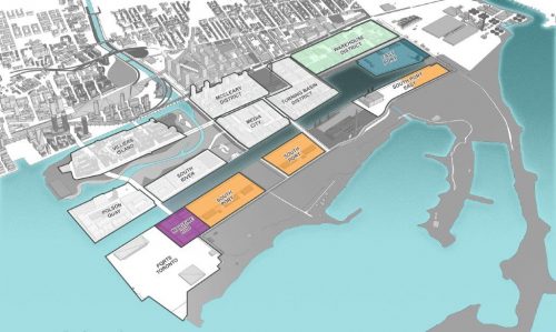 Map of the Port Lands employment-focused districts that were the subject of the Port Lands Zoning Review. . The map highlights the location of Warehouse District, East Port, South Port East, Maritime Hub, and South Port.