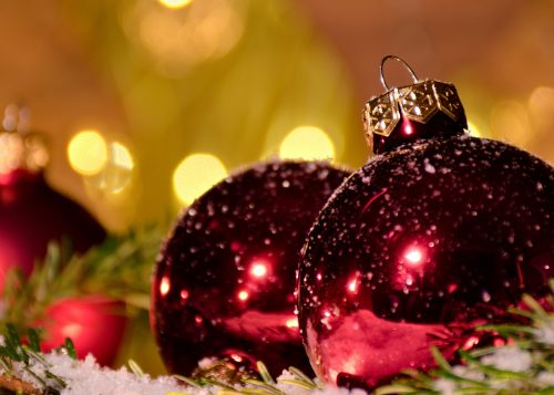 Christmas decorations on a backdrop of bokeh lights
