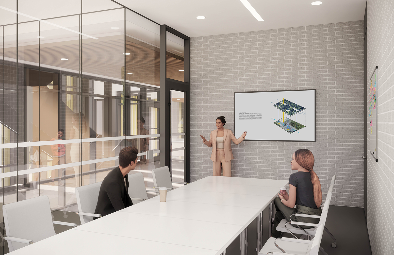 A rendering of a meeting room. There is a long table surrounded by chairs in the centre of the room. There is a TV along the back wall for presentations. There is a white board on the right wall. The left wall is glass looking into the second floor lobby and out the south side of the building. In this image two people are seated while one person stands beside a TV screen, presenting.