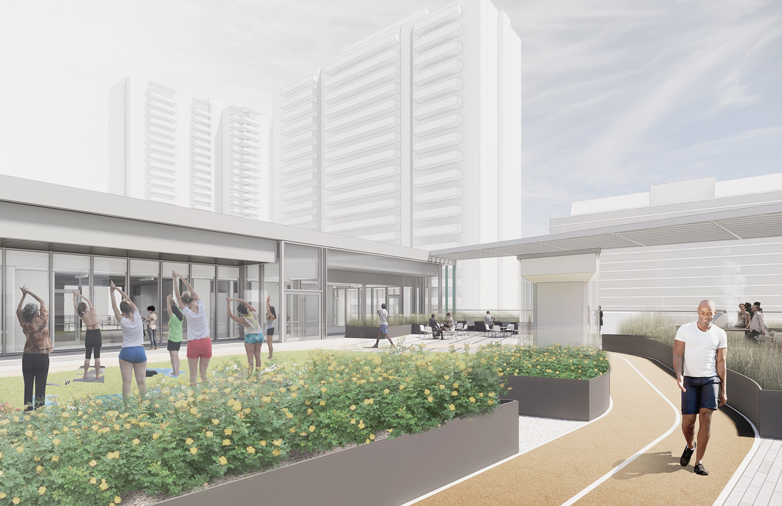 A rendering of the rooftop facing south. In the centre are raised planters and a multi-purpose lawn with people exercising. In the background on the left are glass walls that lead to the third floor indoor multipurpose spaces. In the background centre, there is a pergola over seating and gathering spaces, including a barbeque. On the right, a man is walking on the walking track, that circles most of the rooftop space.