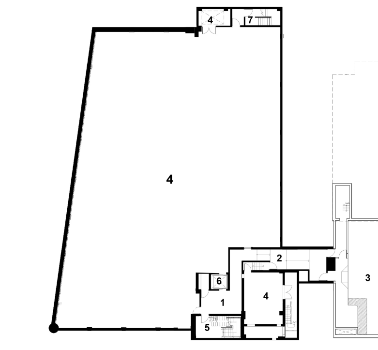A floorplan of the basement, with spaces labelled in the numbered list that follows.