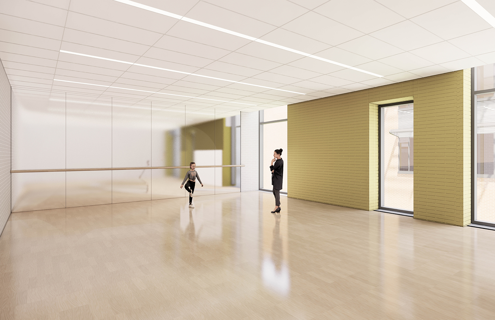 A rendering of the dance studio. The right wall has three floor to ceiling windows. The floors are wooden. The back wall is floor to ceiling mirrors with a ballet barre. A student and teacher are practicing in the space.