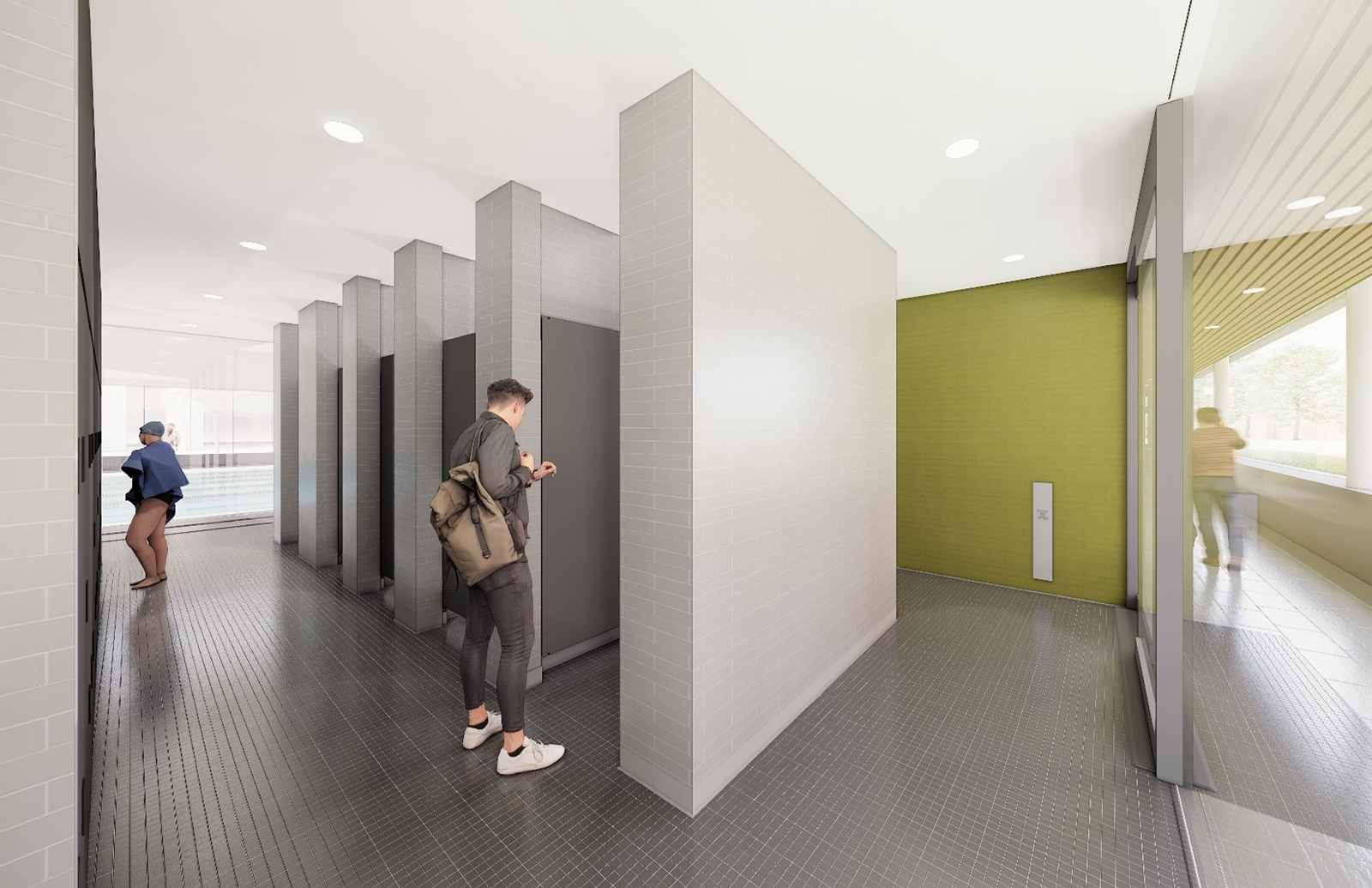 A rendering of the main floor change room stalls. The rooms are accessible to people of any gender identity. All changing takes place inside private stalls. The shared change room space is viewable from the hallway to the east and the pool on the west, with glass walls between each. No changing takes place in shared spaces. Two people are entering separate change stalls.
